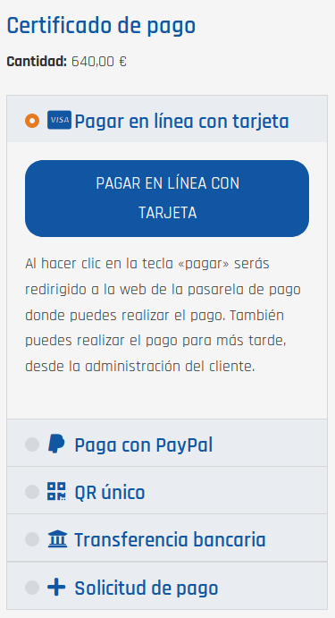 Informaciones de pago y opciones de pago